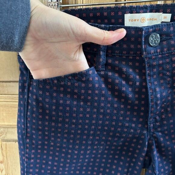 Tory Burch 25 Navy‎ Blue Red Skinny Pants Jeans Printed Dotted - Picture 5 of 14